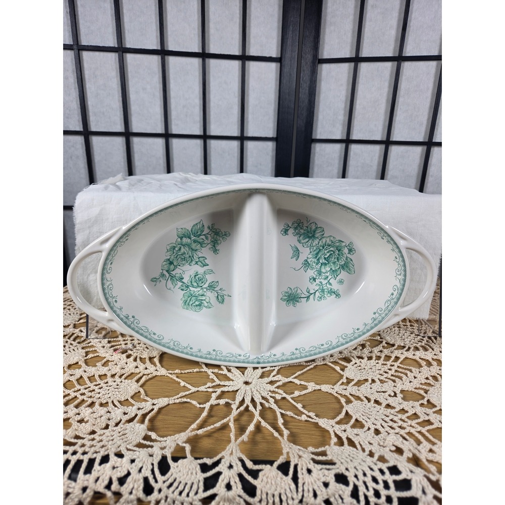 Pioneer Woman Agatha Green Divided Server Stoneware Floral Oval Dish 12.75in